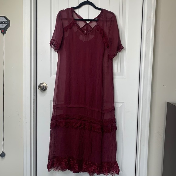 Sundance Red Burgundy Lace Trim tiered Midi‎ Dress Flapper Size 8 wedding guest - Picture 2 of 8